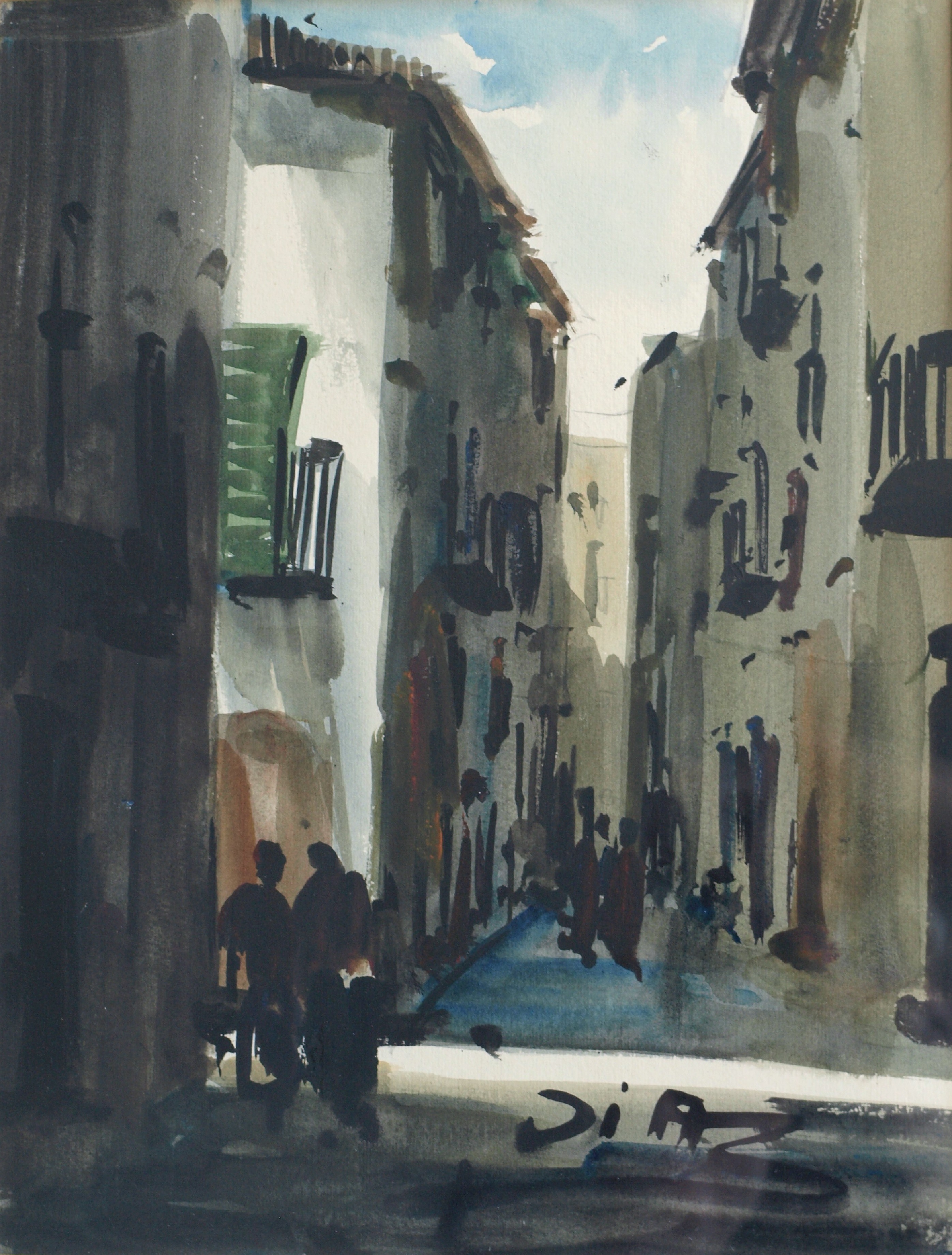 Niet of onleesbaar gesigneerd - Europese School - Aquarel – Straatje – gesigneerd & ingelijst kopen? Bied vanaf 1!