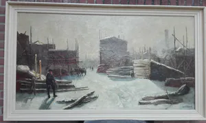 Robert Ives Browne - Bouwplaats in de winter - ca 1900 kopen? Bied vanaf 155!