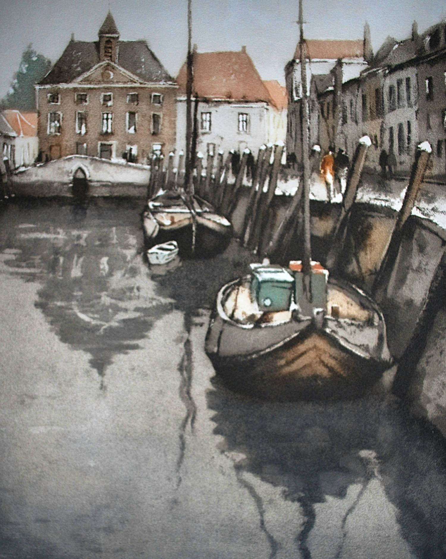 Roger Hebbelinck - Bergen op Zoom: de Kaai met het Spuihuis - ets/aquatint - prachtig ingelijst verkocht voor € 60!