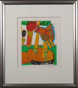 Corneille - Zeefdruk, Tête pensive, soleil rouge - Ingelijst kopen? Bied vanaf 100!