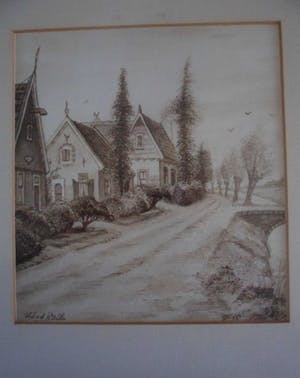 Willem van de Walle - Tekening van een pad met huizen en een vaart. kopen? Bied vanaf 25!