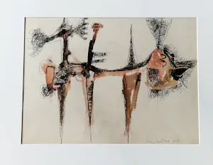 Hannes Postma - Bijzondere 1958 zalmroze gemengde techniek (o.a. ecoline) "Poes" gesigneerd kopen? Bied vanaf 78!