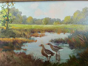 Niet of onleesbaar gesigneerd - 2 fraaie landschapsschilderijtjes met koeien en eenden kopen? Bied vanaf 1!