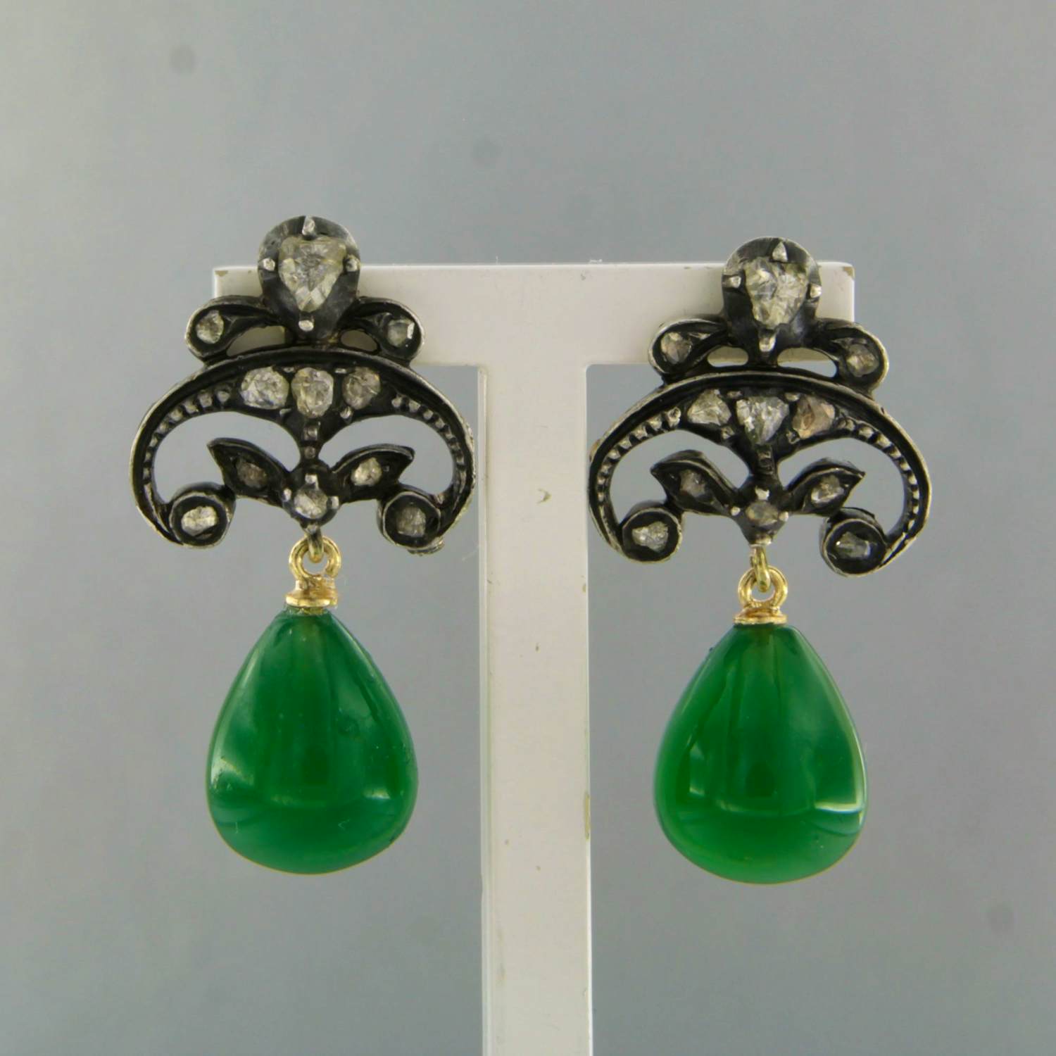 14k geel goud met zilver oorhangers met groene agaat en roos diamant tot. 0.30ct kopen? Bied vanaf 400!