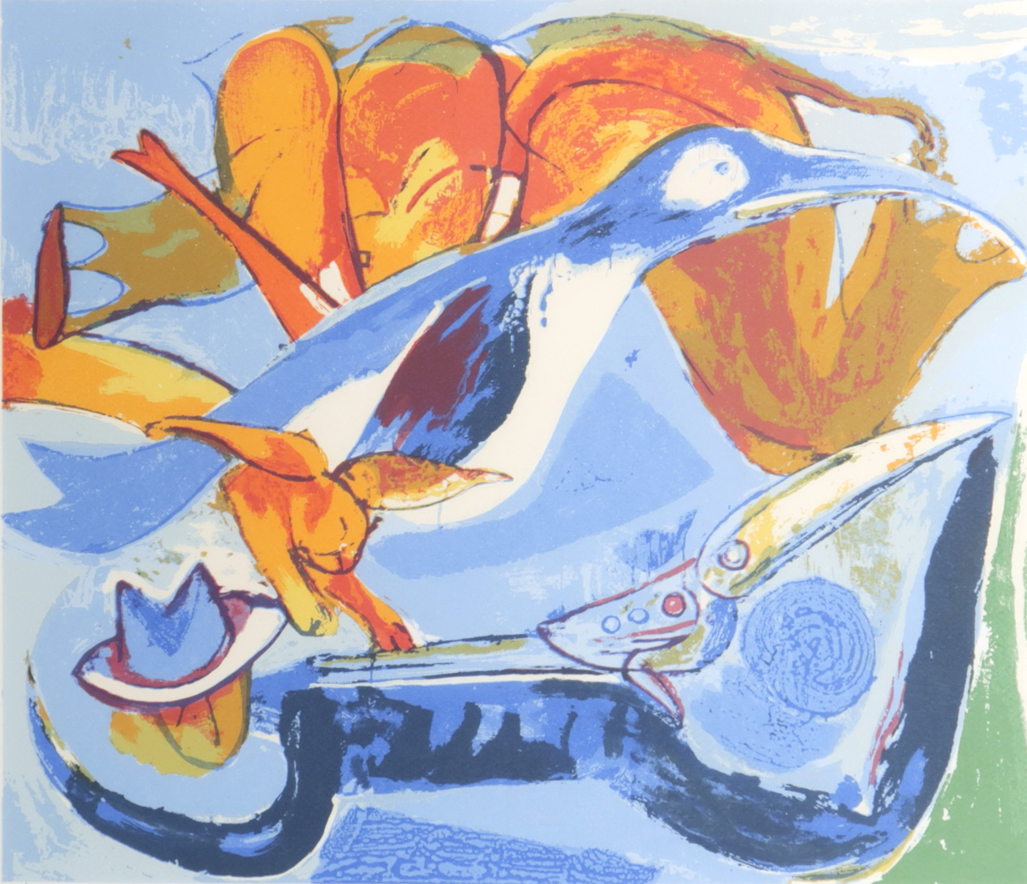 Anton Vrede - Kleurenlitho, Pinguin en konijn, Ingelijst kopen? Bied vanaf 35!