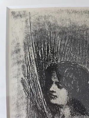 Felicien Rops - Derriere le Rideau. Dame. Portret. Naakt. 1908. Ingelijst. kopen? Bied vanaf 89!