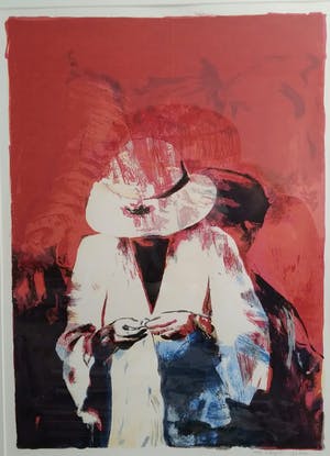 Corrie van Heyst - mysterieuze vrouw in rood-wit-blauw, groot werk kopen? Bied vanaf 1!