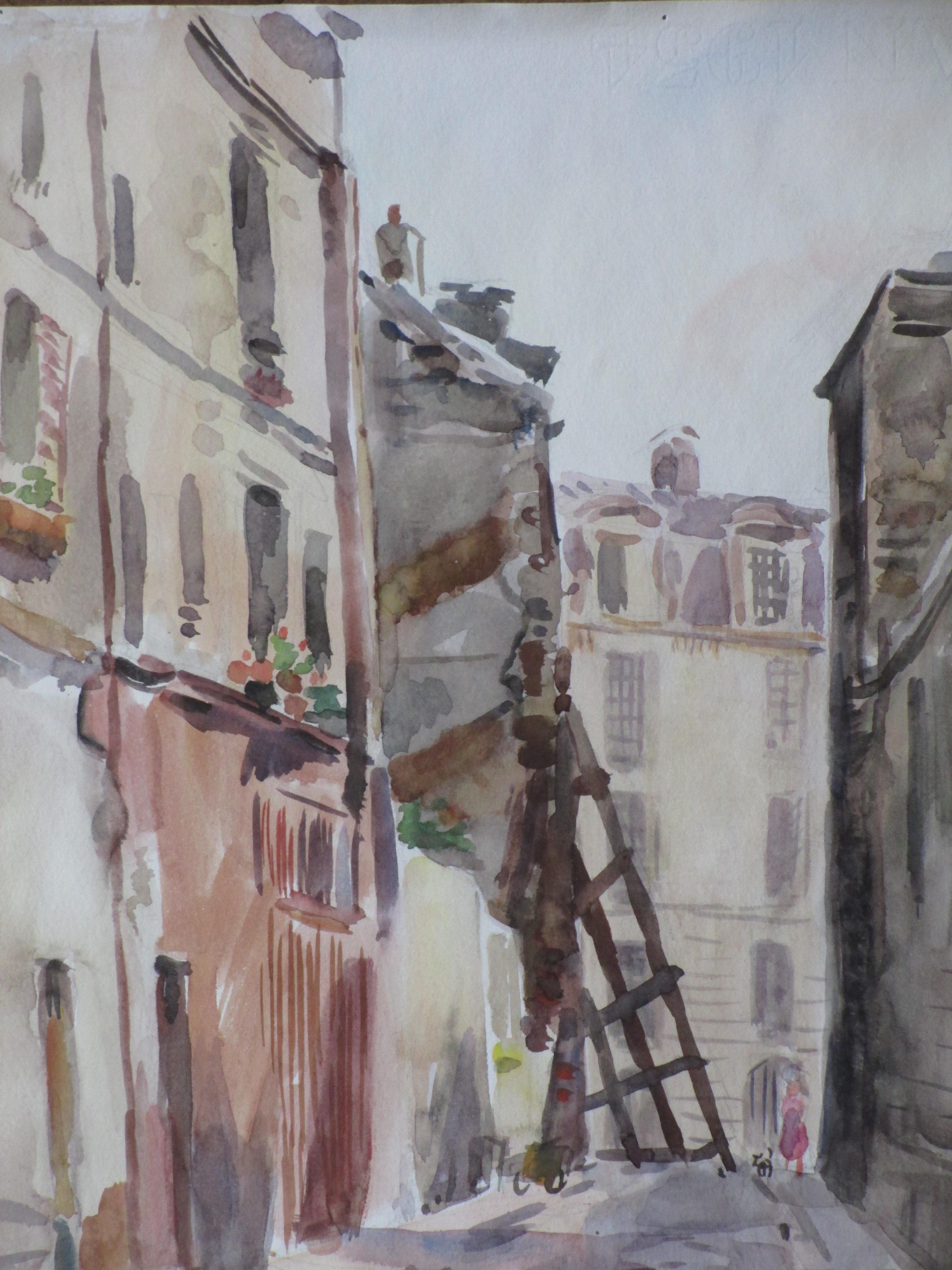 Han Krug - Rue Sainte Etienne du Mont, Parijs - Aquarel kopen? Bied vanaf 40!