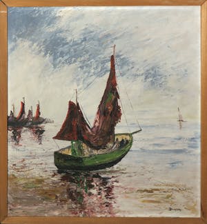 Joop Burger - Olieverf op paneel, Boten op zee - Ingelijst kopen? Bied vanaf 20!