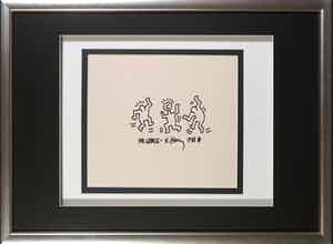 Keith Haring - Typische stifttekening opgedragen aan George Mulder - Ingelijst verkocht voor € 1!