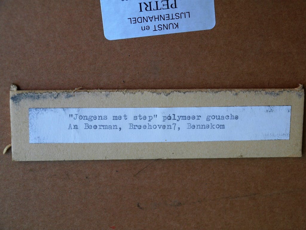 An Beerman - Gouache , Jongens met step - ingelijst - 93 x 73 cm - ca 1975  kopen? Bied vanaf 100!