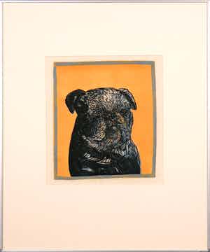 Arja van den Berg - Lino op japans papier, Engelse bulldog - Ingelijst verkocht voor € 35!