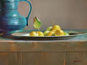 Hans Habraken - Stilleven met blauwe kan en gele pruimen kopen? Bied vanaf 795!