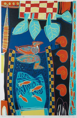 Diana van Hal - Linosnede, Blue lake - Ingelijst kopen? Bied vanaf 40!