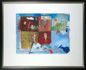 Michel van Overbeeke - Gemengde techniek en bladgoud op papier, Zonder titel - Ingelijst verkocht voor € 350!