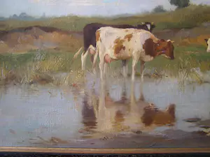 Adrianus Johannes Groenewegen - Koeien, kalf, schapen en boerin in landschap bij waterplasje kopen? Bied vanaf 250!