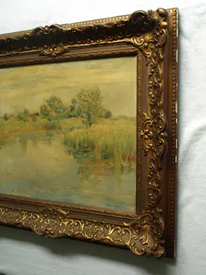 Albert Mulder - Olieverf op doek, Landschap aan het water – Lijst, 60 x 70 cm. kopen? Bied vanaf 20!