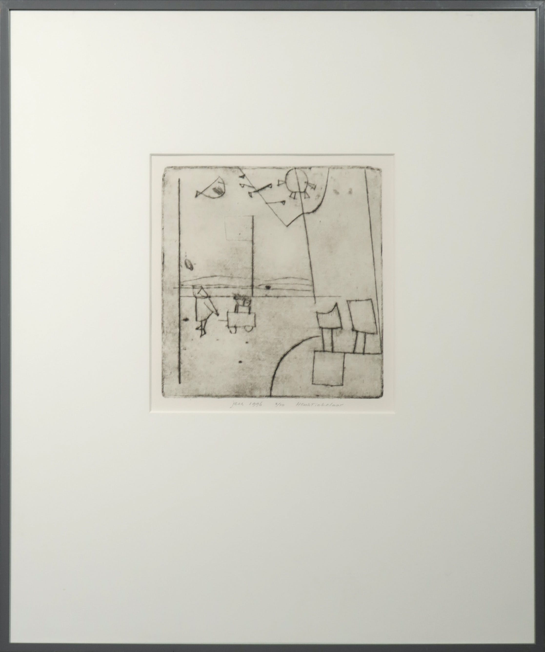 Henk Tichelaar - Droge naald op papier, Jeu - Ingelijst verkocht voor € 35!