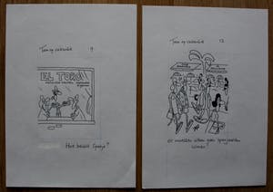 Toon van Driel - 2 Pentekeningen: Toon op vakantie - "Hoe bevalt Spanje?/er moesten alleen...!" kopen? Bied vanaf 100!