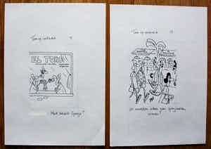 Toon van Driel - 2 Pentekeningen: Toon op vakantie - "Hoe bevalt Spanje?/er moesten alleen...!" verkocht voor € 100!