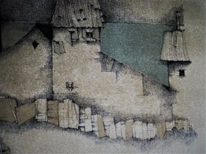 Niet of onleesbaar gesigneerd - Prachtig gedetailleerde Kleuren-Inkttekening "Stad en sloppenwijk" gesigneerd kopen? Bied vanaf 10!