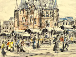 Niet of onleesbaar gesigneerd - Leuke vlot geschilderde jaren 50 Aquarel "Nieuwmarkt Amsterdam" kopen? Bied vanaf 1!
