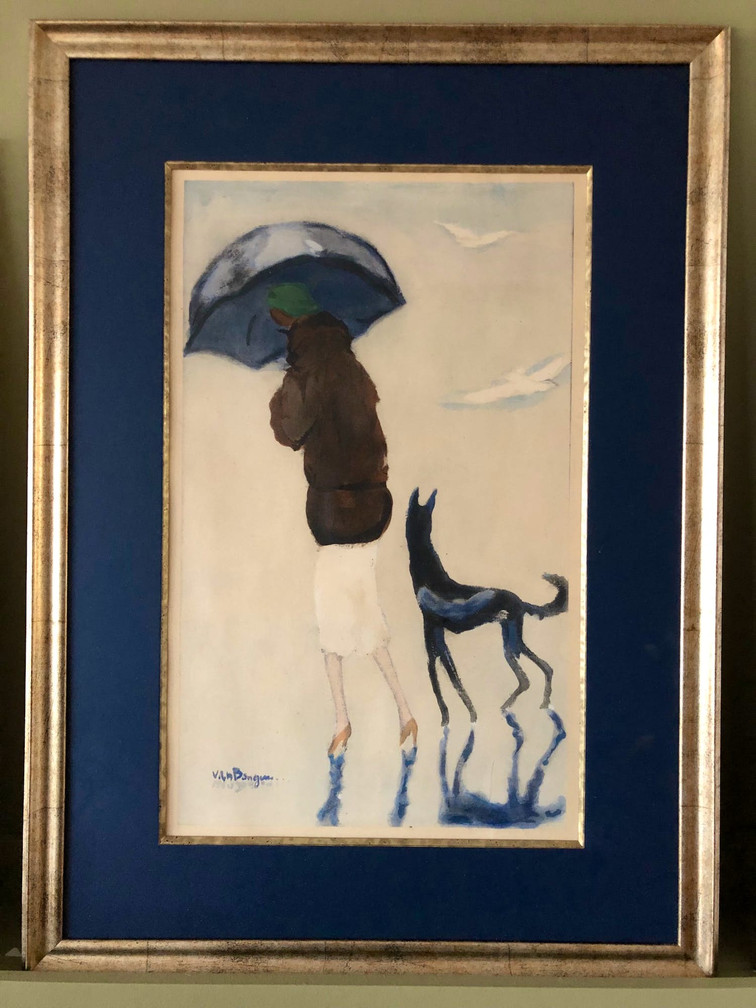 Kees van Dongen - Pochoirdruk - Vrouw met een hond, langs het strand wandelend kopen? Bied vanaf 3950!