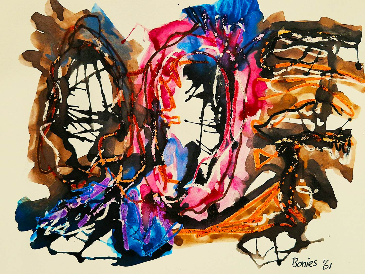 Bob Bonies - Jaren 60 gemengde techniek - abstracte compositie - gesigneerd verkocht voor € 64!