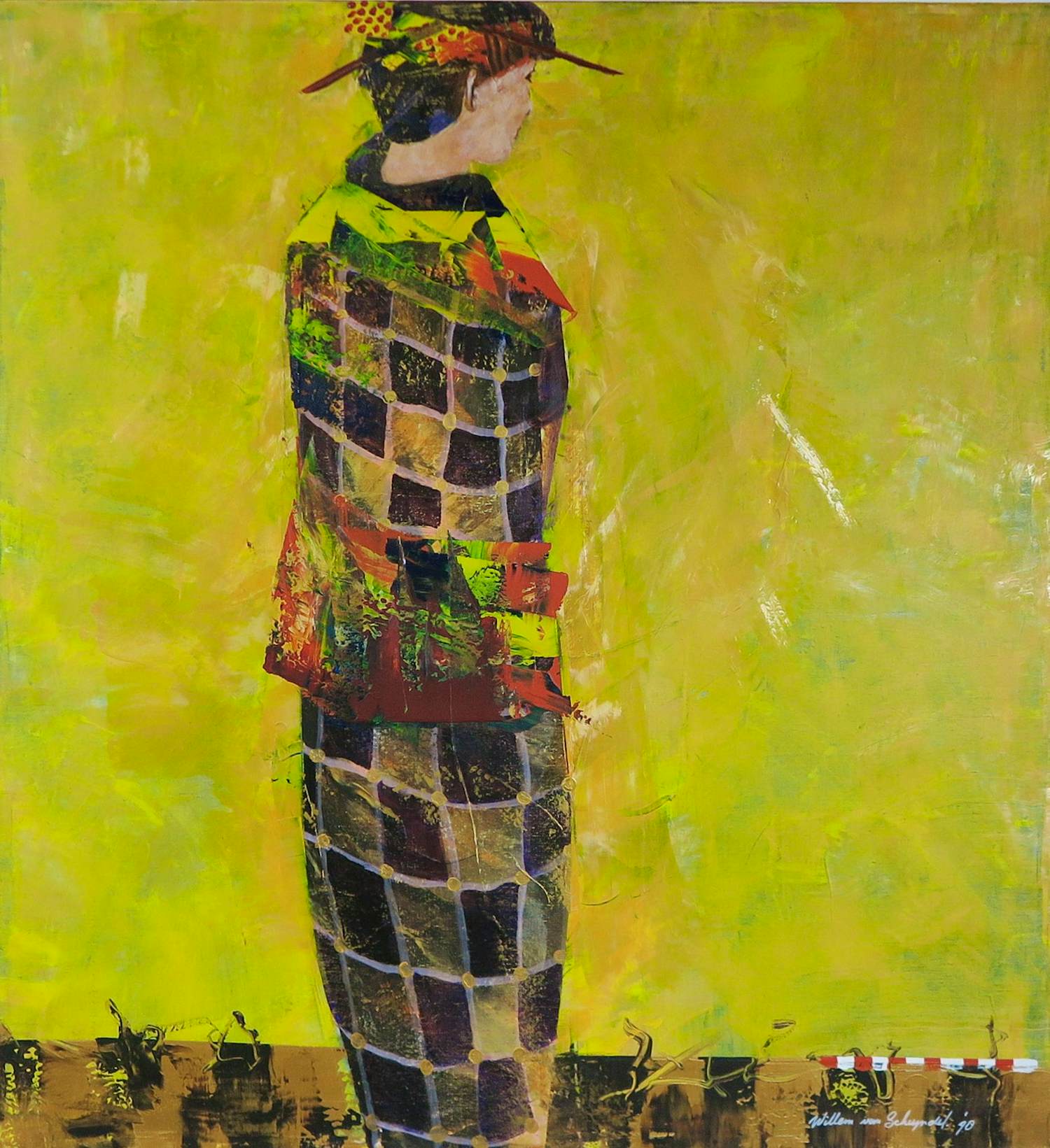 Buy Willem van Scheijndel - Acryl op doek, Staande vrouw op gele achtergrond? Bid from 550!