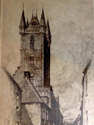 Eugene Lucker - Raadhuis Sluis in Zeeland - Ets, Ingelijst kopen? Bied vanaf 40!