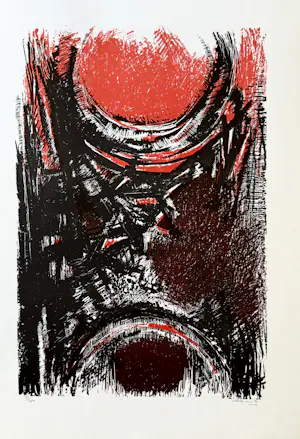 Maurice Haccuria - Abstrakte Komposition in Rot und Schwarz aus dem Jahr 1971 kopen? Bied vanaf 60!