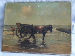 Joop Mertens - Olieverf op doek , Visser met paard en wagen – gesigneerd kopen? Bied vanaf 1!