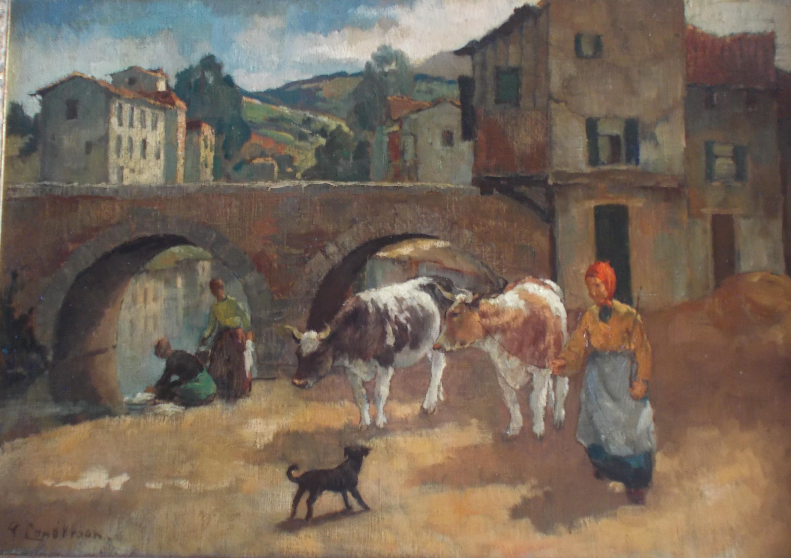 Piet Landkroon - Dorpsgezicht met wasvrouwen aan rivier verkocht voor € 275!