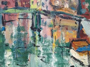 Niet of onleesbaar gesigneerd - Expressionistisch stadsgezicht te Amsterdam kopen? Bied vanaf 10!