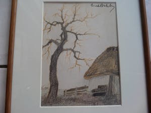 Dirk Baksteen - HOEVE MET BOOM GEKLEURDE ORIGINELE POTLOODTEKENING kopen? Bied vanaf 55!