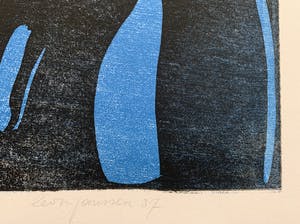 Leon Janssen - Houtsnede in zwart en blauw | 'Nachtwind' | 1987 kopen? Bied vanaf 120!