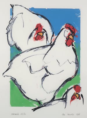 Ellen Meuwese - Zeefdruk, Drie kippen - Ingelijst kopen? Bied vanaf 1!