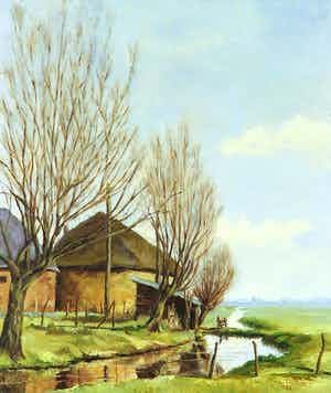 Bob Pestman - Olieverf op doek, Hollands landschap verkocht voor € 1!