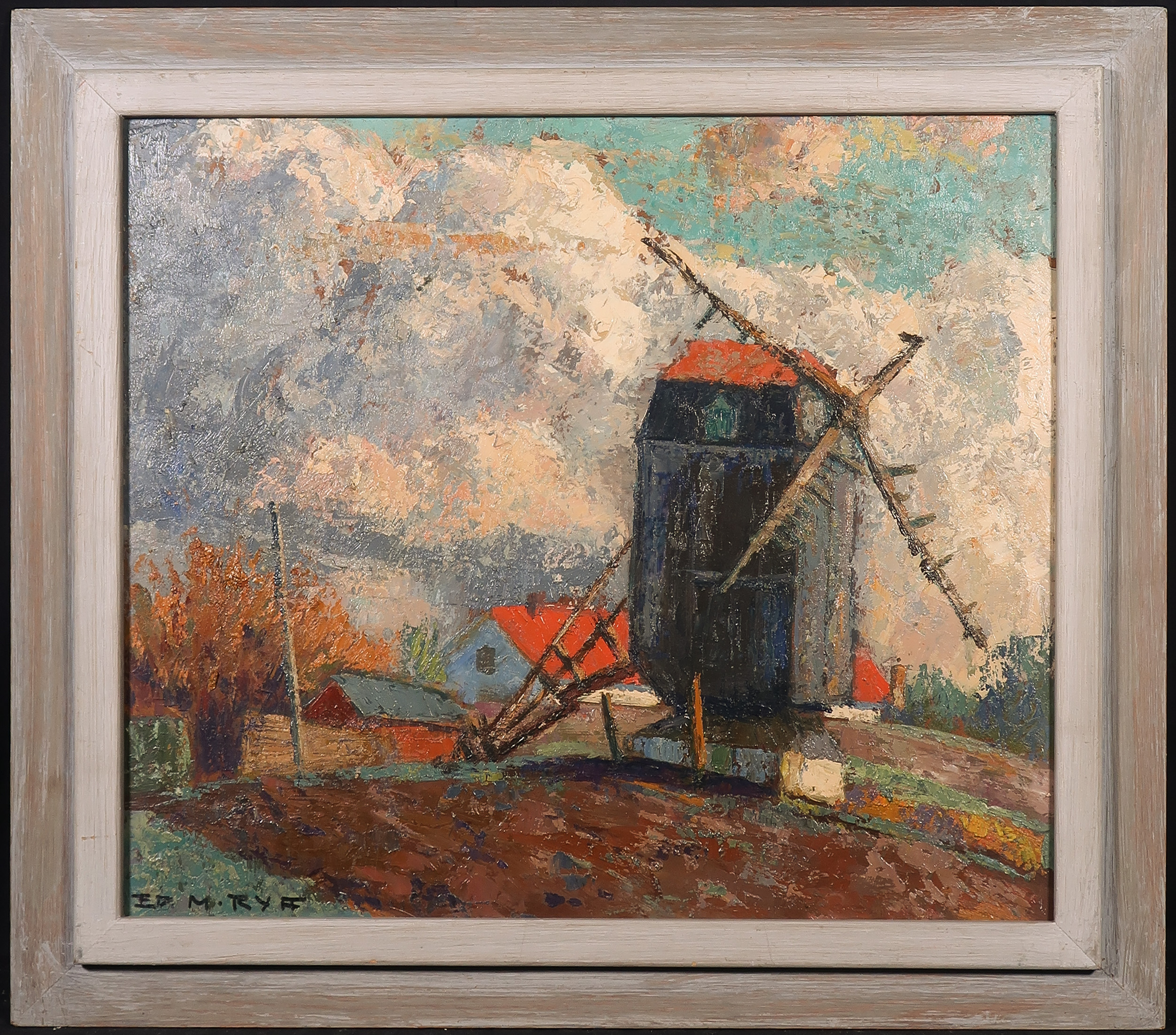 Eduard Rijff - Olieverf op board, Landschap met molen - Ingelijst kopen? Bied vanaf 100!