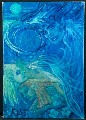 Kiss Riemvis - Olieverf op doek, z.t. Fantasy figuren en adelaar kopen? Bied vanaf 10!