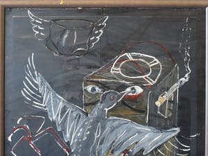 Hannes van Es - Zeer groot ingelijst schilderij (162 x 130 cm), “Zwarte vogel” – 1984 kopen? Bied vanaf 300!