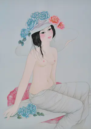 Mara Tran Long - Geisha met een roos, originele gesigneerde lithografie, 1984 kopen? Bied vanaf 60!