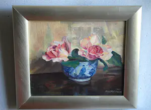 AcheterMies Deinum - 2 rozen in een Chinees bakje - olieverfschilderij? Enchérissez de 75!