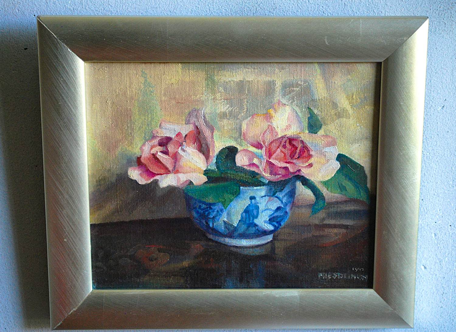 Mies Deinum - 2 rozen in een Chinees bakje - olieverfschilderij verkocht voor € 75!