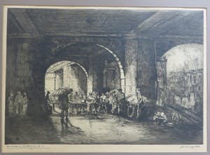 Jan van de Ven - Viaduct in Rotterdam waaronder etende mensen aan tafels. kopen? Bied vanaf 25!