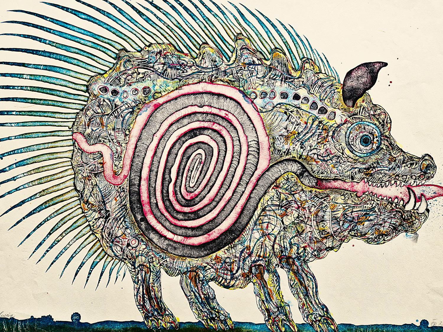 Bernhard Jäger - UNIKAT (persönliches Exemplar) Große farb-Lithografie "stachelschwein" signiert verkocht voor € 56!