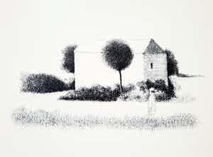 Metten Koornstra - Vrouw voor huis in landschap, litho verkocht voor € 50!