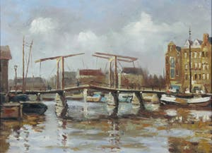 Jan Beaufort - Olieverf op paneel, Stadsgezicht Amsterdam Sloterdijkbrug - Ingelijst (toegeschreven aan) kopen? Bied vanaf 10!