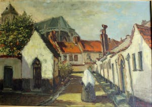 Niet of onleesbaar gesigneerd - olieverf op doek - Bavo en een hofje Haarlem - gesigneerd kopen? Bied vanaf 1!