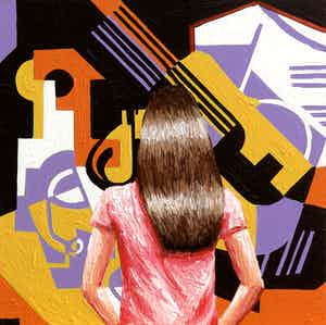 Gerard Boersma - Guitar And Fruit Bowl (Vrouw kijkend naar schilderij van Juan Gris) verkocht voor € 75!